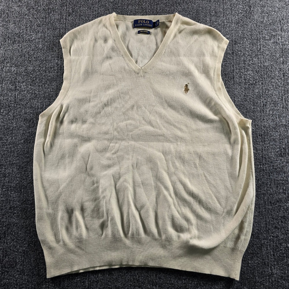 Polo Ralph Lauren Pima Cotton Sweater Vest Mens Large Cream Beige V-Neck Pony